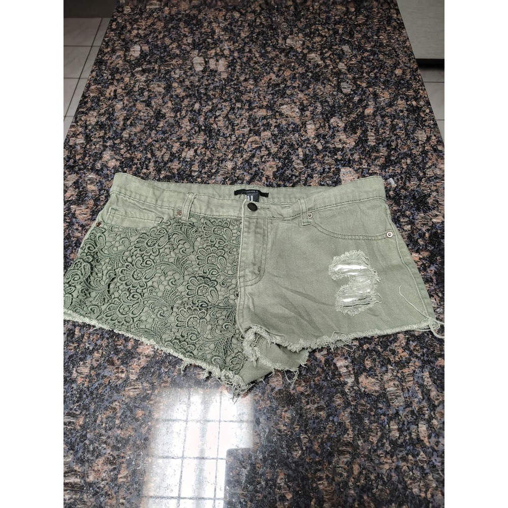 Forever 21 Olive Green Lace Overlay Distressed Denim Shorts Womens 30
